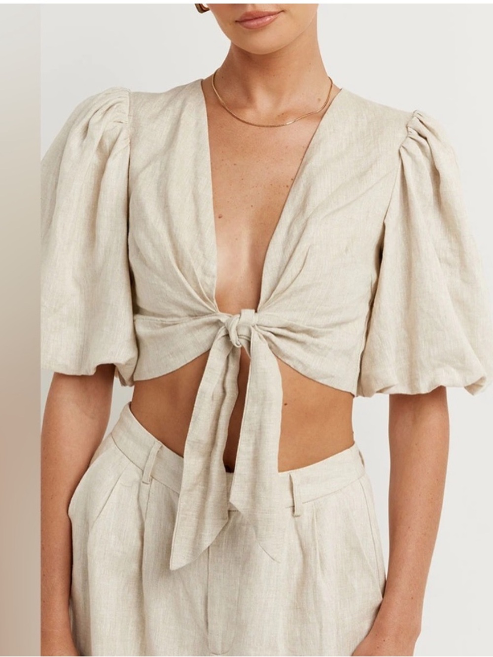 DISSH Hallie 100% Linen Natural Beige Puff Sleeve Top size 2 NWT coastal chic